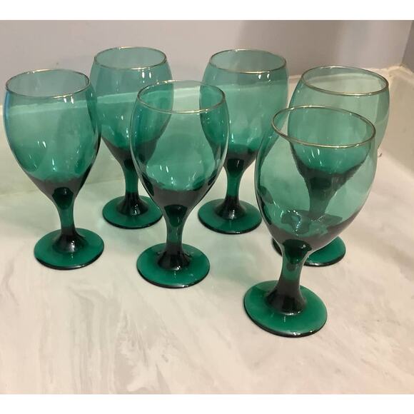 Vtg Libbey Glass TEARDROP JUNIPER Green Gold Set of 6-7